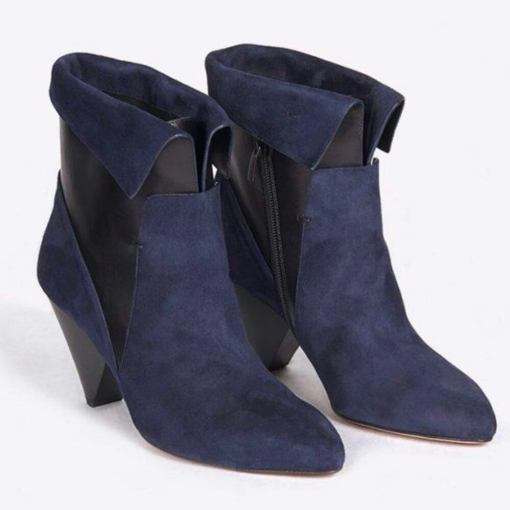 Veronica Beard Laurel Fold Over Blue Suede Booties Whimsical Statement Heel 7.5